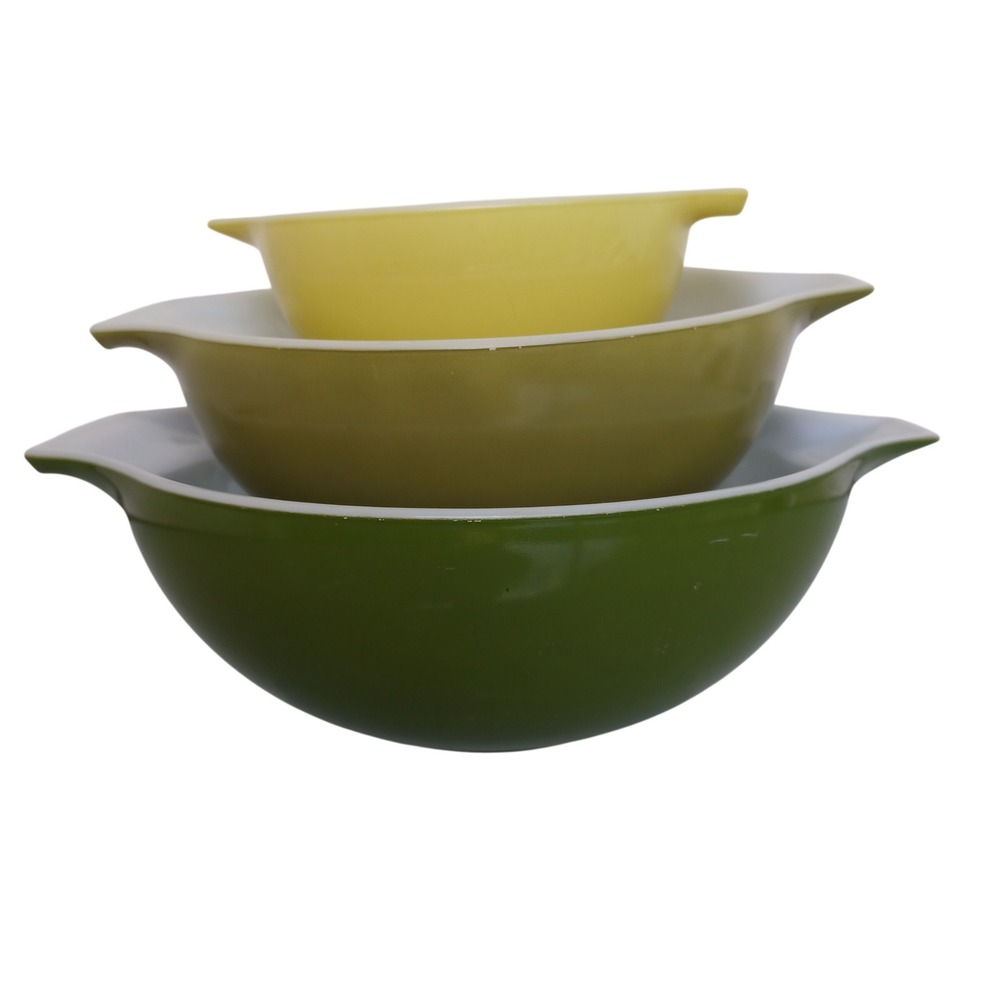 Vintage Pyrex Verde Green Yellow Cinderella Nesting Mixing Bowls Set 444,443,441